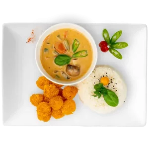 180 – Crispy Garnelen mit gebratenem Gemüse und Thai-Curry (leicht scharf)