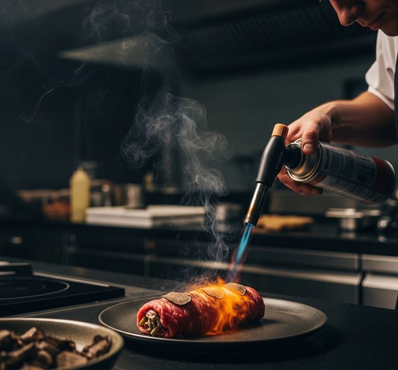 Ein dramatisches Foto einer "Trüffel Beef Roll" , die gerade mit einem Flambierbrenner bearbeitet wird. Leichte Rauchschwaden und die glühende Oberfläche erzeugen eine hochwertige, exklusive Atmosphäre