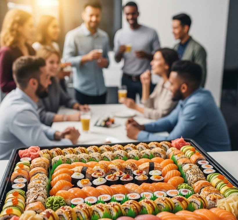 Eine große, rechteckige Sushi-Platte, reich gefüllt mit einer bunten Mischung aus Maki, Nigiri und Special Rolls. Im Hintergrund sind unscharf Menschen in einem Büro-Meeting oder bei einer Feier zu sehen.