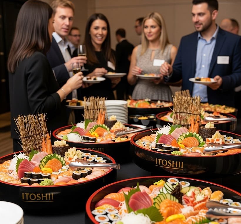 Ein professionell aufgebautes Catering-Buffet bei einem Firmenevent. Im Fokus stehen mehrere große, kunstvoll arrangierte Sushi-Platten von Itoshii. Im Hintergrund sind zufriedene Gäste im Gespräch.