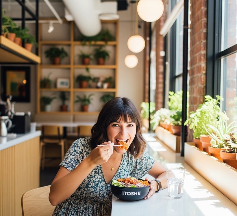 Eine Person sitzt an einem Schreibtisch oder in einem modernen Bistro und genießt eine Poke Bowl oder eine kleine Sushi Box von Itoshii. Die Szene wirkt hell, frisch und dynamisch.