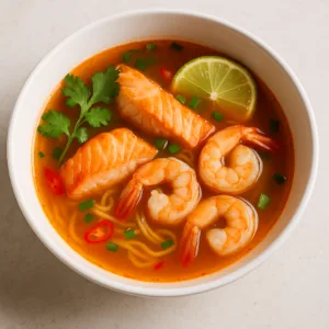 Tom Yum Suppe mit Lachs und Garnelen sehr Scharf